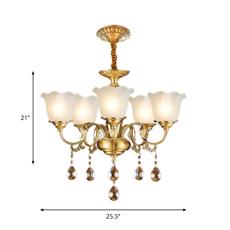 3/5 Bulbs Scrolls Hanging Lamp Traditional Gold Crystal Floral Shade Chandelier with Clear Glass Drops Clearhalo 'Ceiling Lights' 'Chandeliers' Lighting' options 1417565