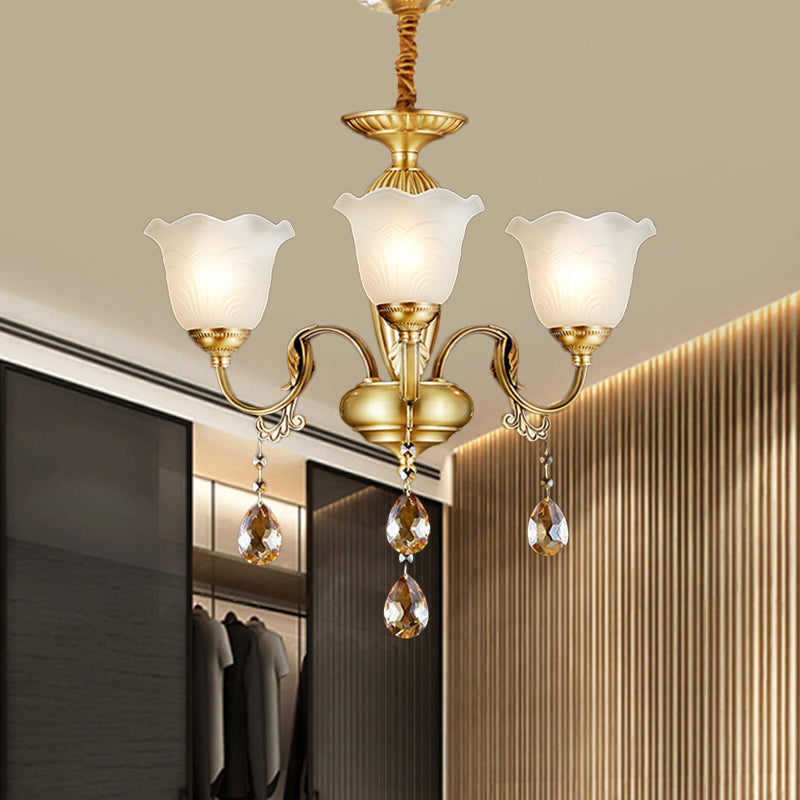 3/5 Bulbs Scrolls Hanging Lamp Traditional Gold Crystal Floral Shade Chandelier with Clear Glass Drops Clearhalo 'Ceiling Lights' 'Chandeliers' Lighting' options 1417566