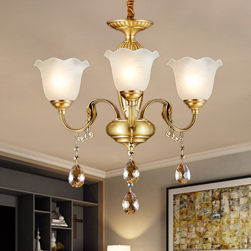 3/5 Bulbs Scrolls Hanging Lamp Traditional Gold Crystal Floral Shade Chandelier with Clear Glass Drops Clearhalo 'Ceiling Lights' 'Chandeliers' Lighting' options 1417567