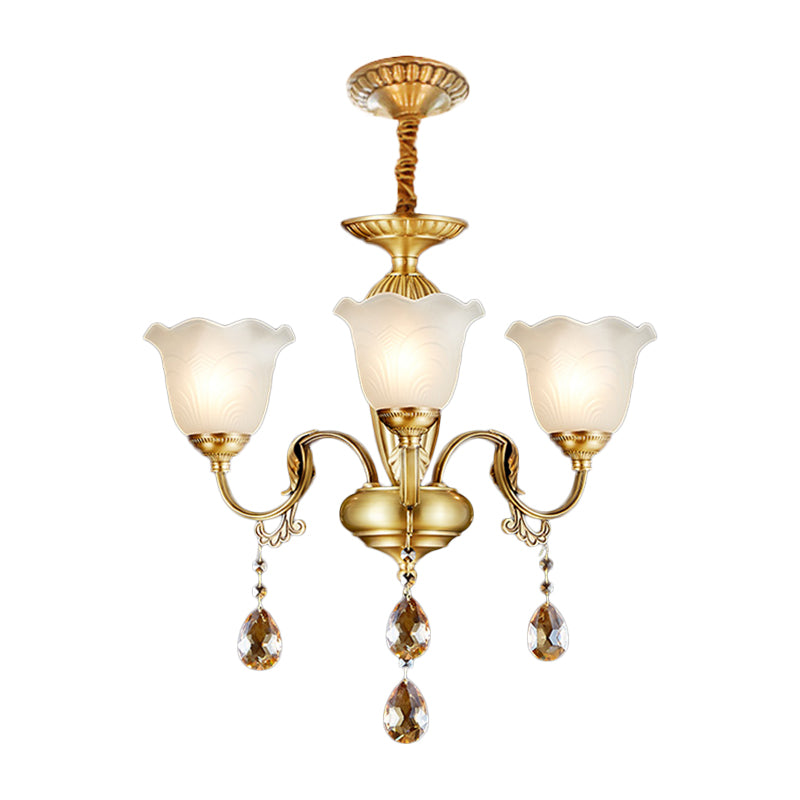 3/5 Bulbs Scrolls Hanging Lamp Traditional Gold Crystal Floral Shade Chandelier with Clear Glass Drops Clearhalo 'Ceiling Lights' 'Chandeliers' Lighting' options 1417568