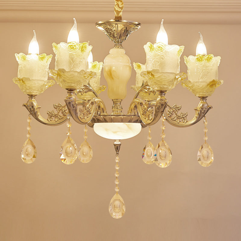 6 Heads Swirling Arm Chandelier Light Traditional Brass Crystal Bell Shade Pendant with Clear Glass Drops Clearhalo 'Ceiling Lights' 'Chandeliers' Lighting' options 1417571