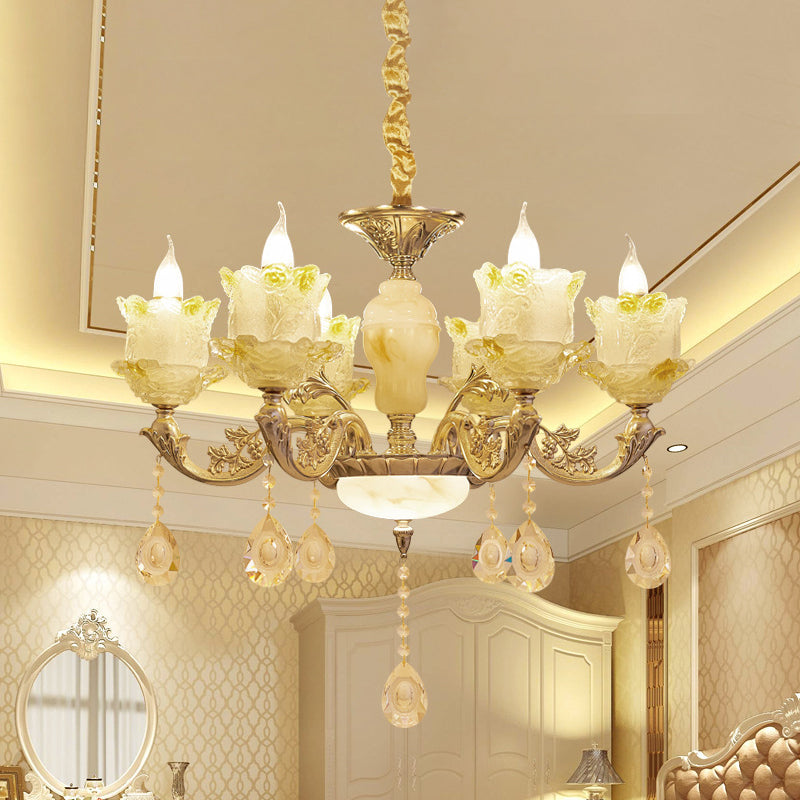 6 Heads Swirling Arm Chandelier Light Traditional Brass Crystal Bell Shade Pendant with Clear Glass Drops Clearhalo 'Ceiling Lights' 'Chandeliers' Lighting' options 1417572