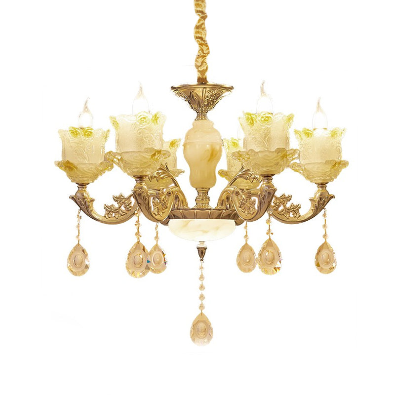 6 Heads Swirling Arm Chandelier Light Traditional Brass Crystal Bell Shade Pendant with Clear Glass Drops Clearhalo 'Ceiling Lights' 'Chandeliers' Lighting' options 1417573