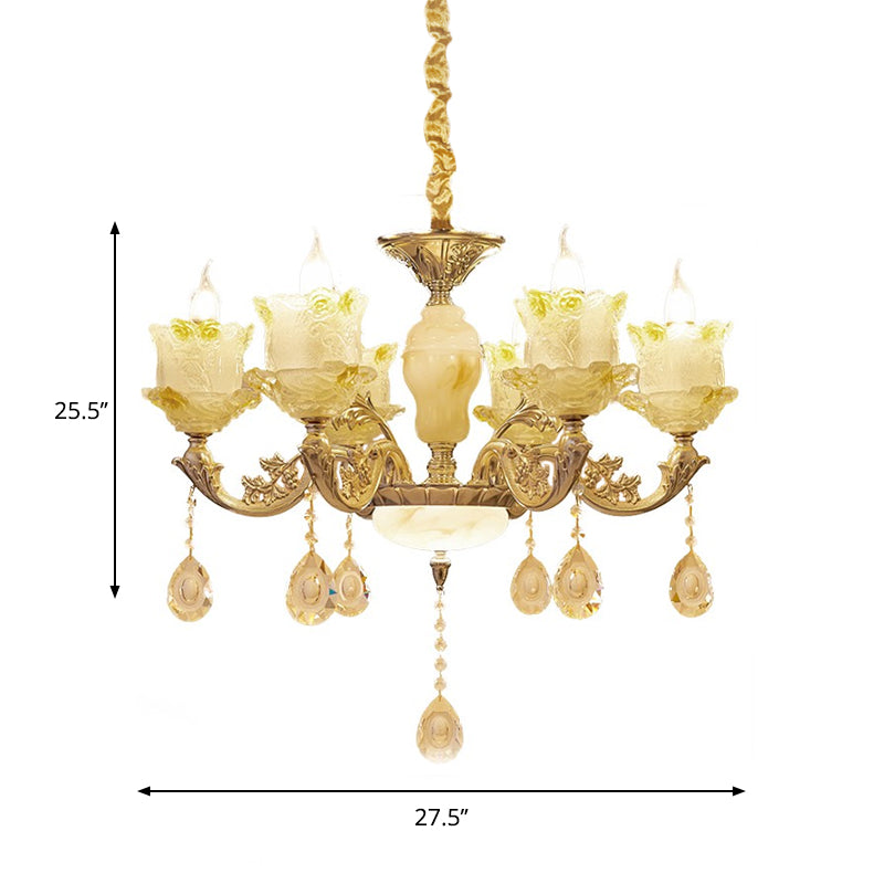 6 Heads Swirling Arm Chandelier Light Traditional Brass Crystal Bell Shade Pendant with Clear Glass Drops Clearhalo 'Ceiling Lights' 'Chandeliers' Lighting' options 1417574