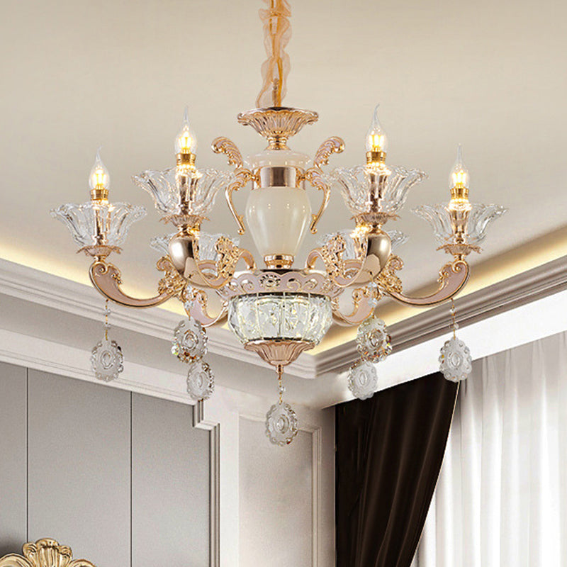 6/8 Bulbs Suspension Lighting Traditional Flower Clear Crystal Shade Chandelier with Curvy Arm in Gold 6 Gold Clearhalo 'Ceiling Lights' 'Chandeliers' Lighting' options 1417585_867b9ede-39ea-48bd-bd56-6bd8b84ed82c