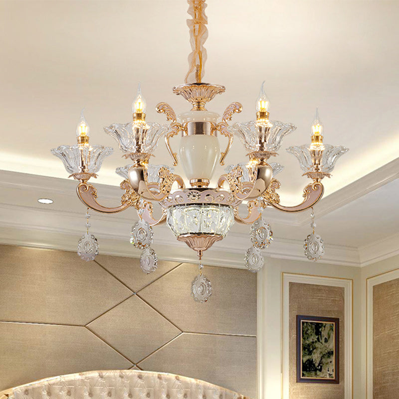 6/8 Bulbs Suspension Lighting Traditional Flower Clear Crystal Shade Chandelier with Curvy Arm in Gold Clearhalo 'Ceiling Lights' 'Chandeliers' Lighting' options 1417586