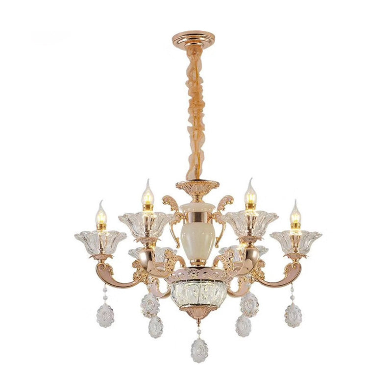 6/8 Bulbs Suspension Lighting Traditional Flower Clear Crystal Shade Chandelier with Curvy Arm in Gold Clearhalo 'Ceiling Lights' 'Chandeliers' Lighting' options 1417587