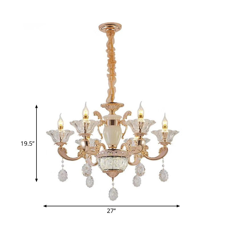 6/8 Bulbs Suspension Lighting Traditional Flower Clear Crystal Shade Chandelier with Curvy Arm in Gold Clearhalo 'Ceiling Lights' 'Chandeliers' Lighting' options 1417588