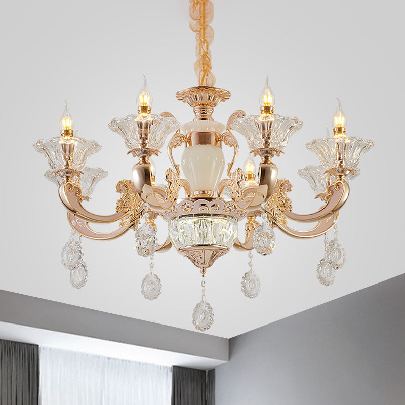 6/8 Bulbs Suspension Lighting Traditional Flower Clear Crystal Shade Chandelier with Curvy Arm in Gold Clearhalo 'Ceiling Lights' 'Chandeliers' Lighting' options 1417590