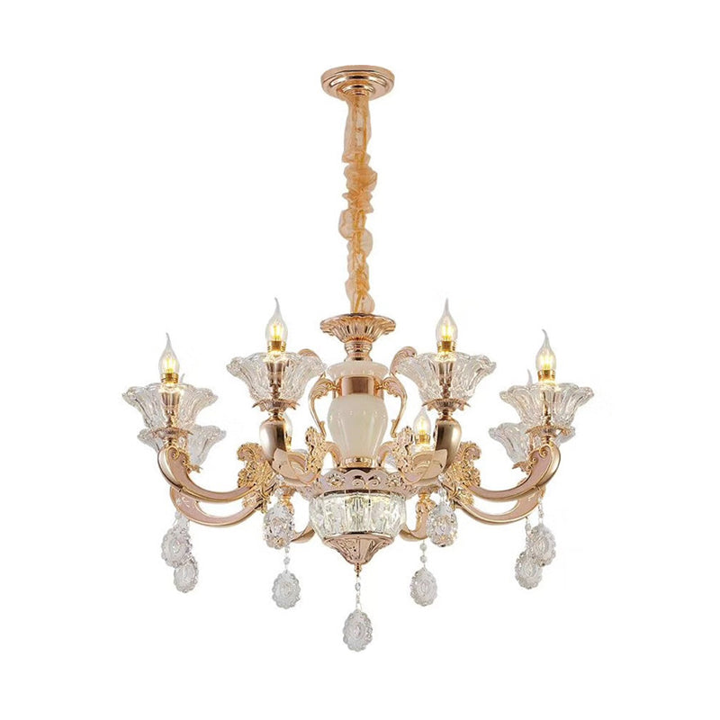 6/8 Bulbs Suspension Lighting Traditional Flower Clear Crystal Shade Chandelier with Curvy Arm in Gold Clearhalo 'Ceiling Lights' 'Chandeliers' Lighting' options 1417591