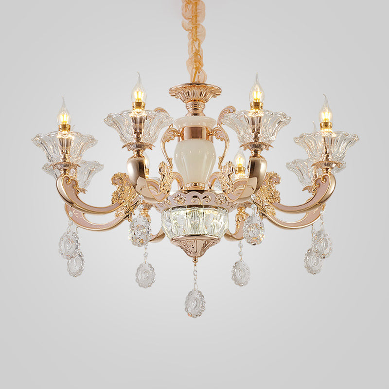 6/8 Bulbs Suspension Lighting Traditional Flower Clear Crystal Shade Chandelier with Curvy Arm in Gold Clearhalo 'Ceiling Lights' 'Chandeliers' Lighting' options 1417592