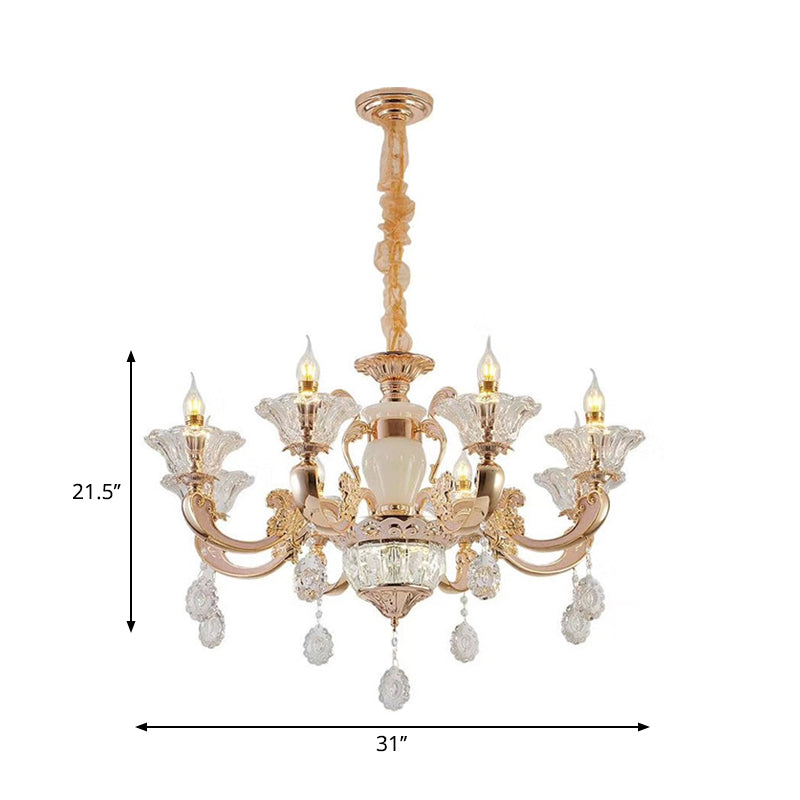 6/8 Bulbs Suspension Lighting Traditional Flower Clear Crystal Shade Chandelier with Curvy Arm in Gold Clearhalo 'Ceiling Lights' 'Chandeliers' Lighting' options 1417593