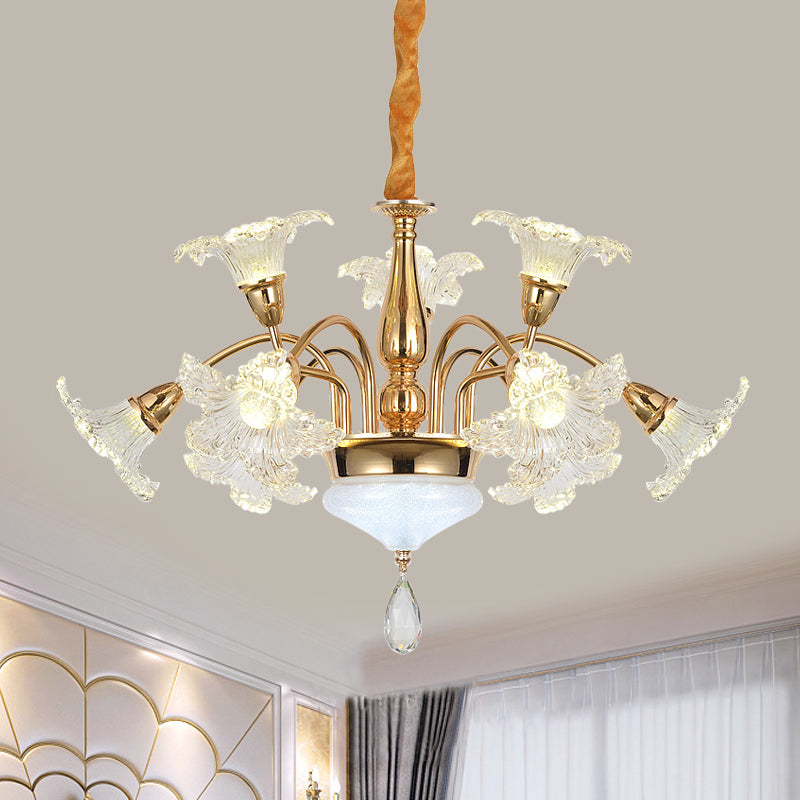 Gold 7/10 Bulbs Ceiling Light Modern Clear Crystal Floral Shade Scrolls Hanging Chandelier Clearhalo 'Ceiling Lights' 'Chandeliers' 'Modern Chandeliers' 'Modern' Lighting' 1417634