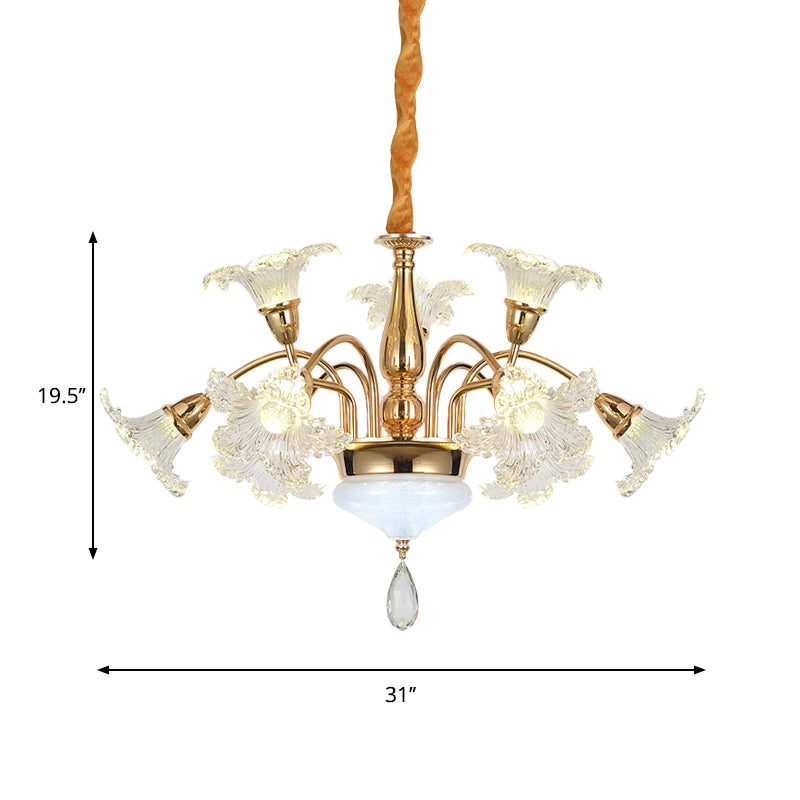 Gold 7/10 Bulbs Ceiling Light Modern Clear Crystal Floral Shade Scrolls Hanging Chandelier Clearhalo 'Ceiling Lights' 'Chandeliers' 'Modern Chandeliers' 'Modern' Lighting' 1417636