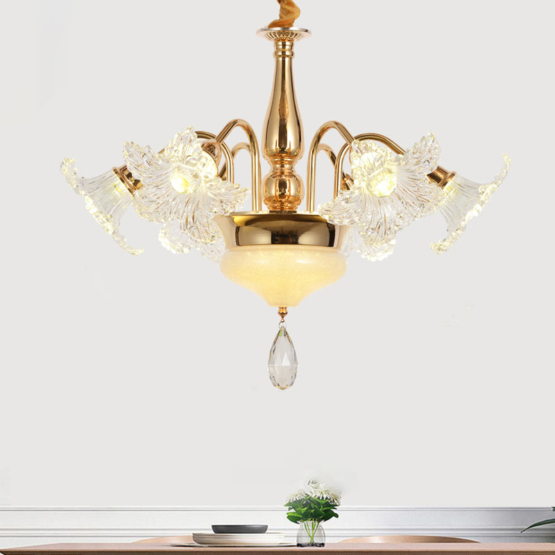 Gold 7/10 Bulbs Ceiling Light Modern Clear Crystal Floral Shade Scrolls Hanging Chandelier Clearhalo 'Ceiling Lights' 'Chandeliers' 'Modern Chandeliers' 'Modern' Lighting' 1417638