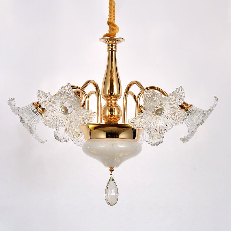 Gold 7/10 Bulbs Ceiling Light Modern Clear Crystal Floral Shade Scrolls Hanging Chandelier Clearhalo 'Ceiling Lights' 'Chandeliers' 'Modern Chandeliers' 'Modern' Lighting' 1417640