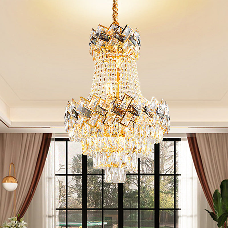 5/8 Heads Basket Chandelier Contemporary Gold Finish Clear Cut Crystal Blocks Ceiling Lighting, 16"/19.5" Wide Clearhalo 'Ceiling Lights' 'Chandeliers' 'Modern Chandeliers' 'Modern' Lighting' 1417683