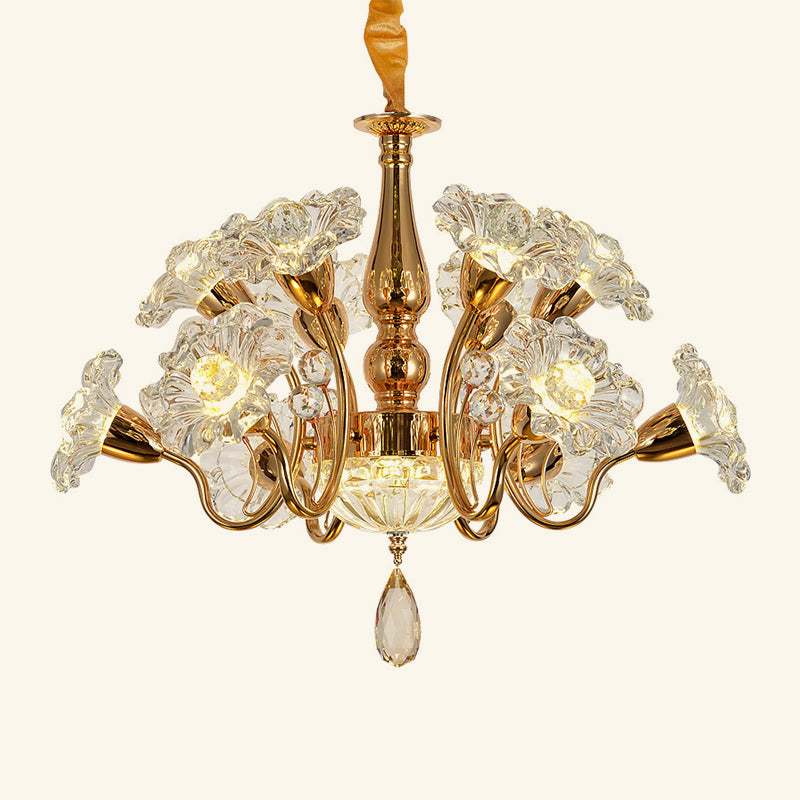 12 Bulbs Swirled Arm Chandelier Traditional Gold Clear 2-Tier Crystal Flower Shade Ceiling Light Clearhalo 'Ceiling Lights' 'Chandeliers' Lighting' options 1417693