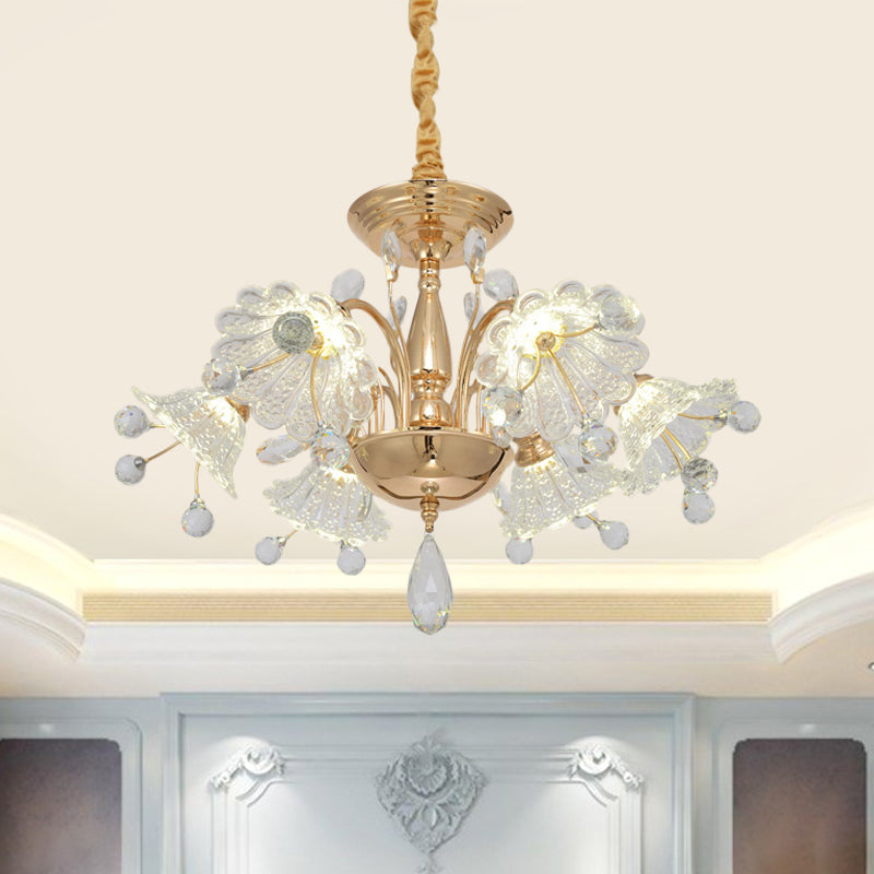 6 Bulbs Curved Arm Chandelier Lamp Contemporary Gold Finish Clear Crystal Flower Shade Suspension Light Gold Clearhalo 'Ceiling Lights' 'Chandeliers' 'Modern Chandeliers' 'Modern' Lighting' 1417699