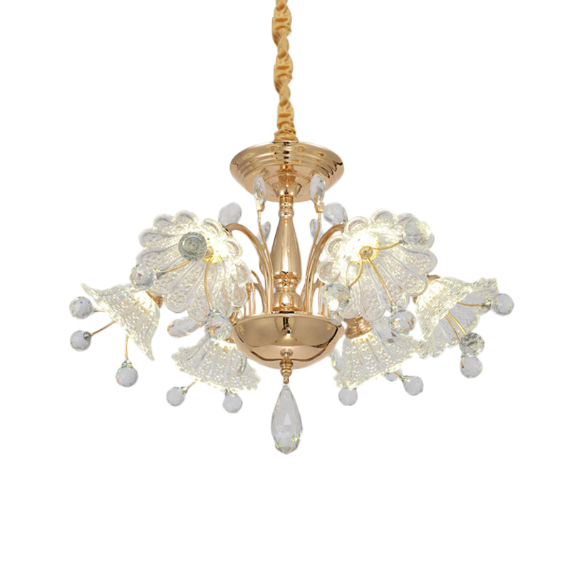 6 Bulbs Curved Arm Chandelier Lamp Contemporary Gold Finish Clear Crystal Flower Shade Suspension Light Clearhalo 'Ceiling Lights' 'Chandeliers' 'Modern Chandeliers' 'Modern' Lighting' 1417700