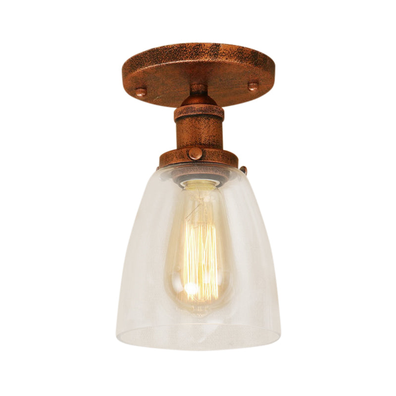 Brass/Copper/Rust One Light Ceiling Mount Industrial Clear Glass Conical Semi Flush Light for Foyer Clearhalo 'Ceiling Lights' 'Close To Ceiling Lights' 'Close to ceiling' 'Glass shade' 'Glass' 'Semi-flushmount' Lighting' 141772