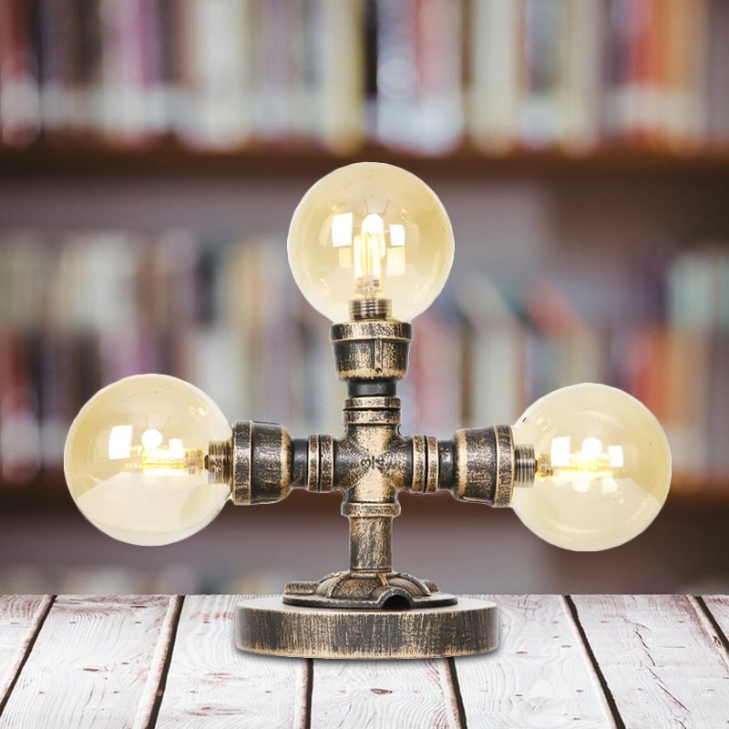 Industrial Round Shade Desk Lamp 2/3-Bulb Clear/Amber Glass Task Lighting in Antique Silver/Bronze with Base Clearhalo 'Lamps' 'Table Lamps' Lighting' 1417729