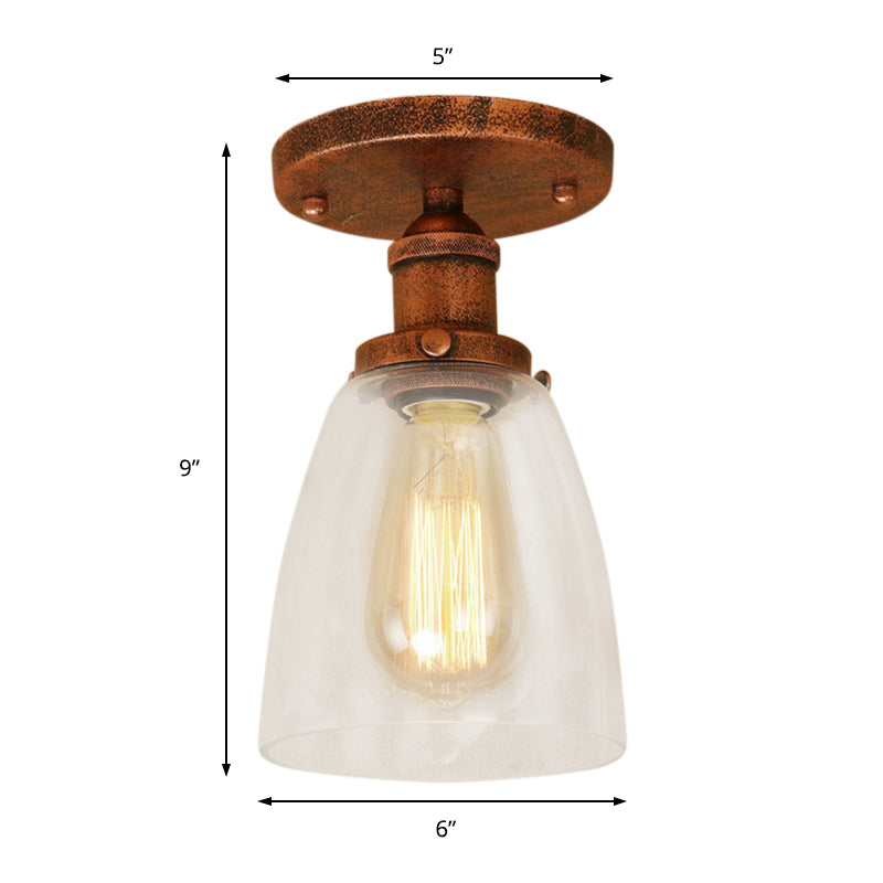 Brass/Copper/Rust One Light Ceiling Mount Industrial Clear Glass Conical Semi Flush Light for Foyer Clearhalo 'Ceiling Lights' 'Close To Ceiling Lights' 'Close to ceiling' 'Glass shade' 'Glass' 'Semi-flushmount' Lighting' 141773