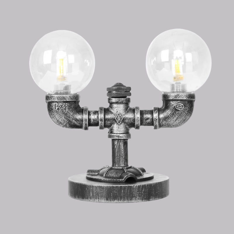 Industrial Round Shade Desk Lamp 2/3-Bulb Clear/Amber Glass Task Lighting in Antique Silver/Bronze with Base Clearhalo 'Lamps' 'Table Lamps' Lighting' 1417730