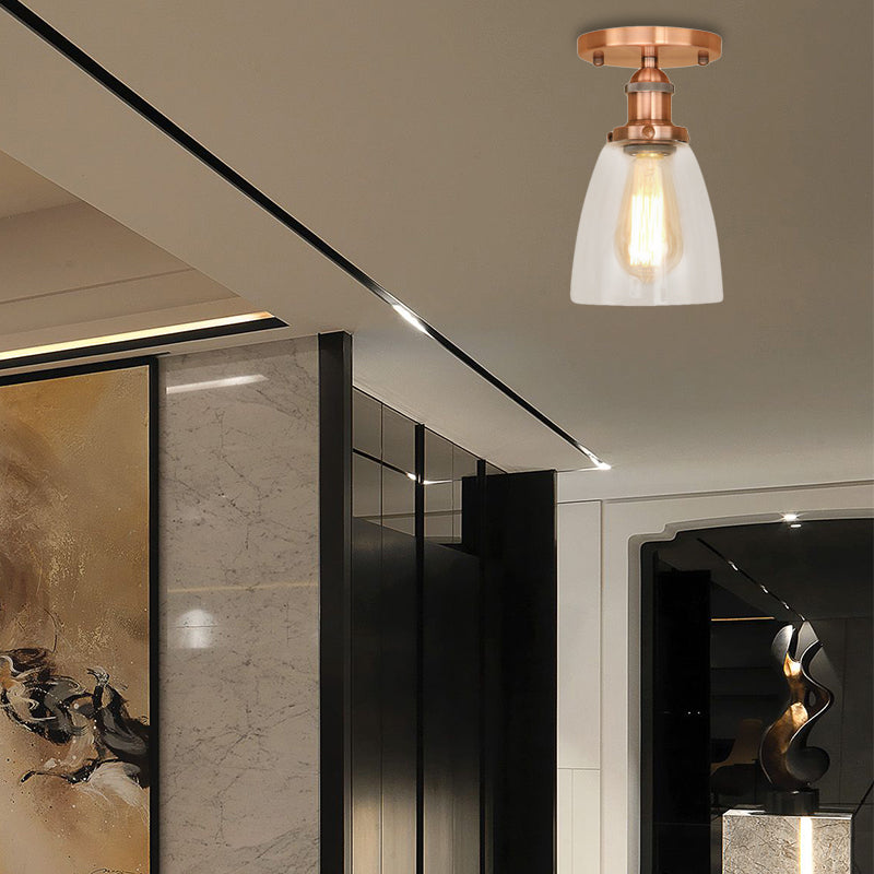 Brass/Copper/Rust One Light Ceiling Mount Industrial Clear Glass Conical Semi Flush Light for Foyer Copper Clearhalo 'Ceiling Lights' 'Close To Ceiling Lights' 'Close to ceiling' 'Glass shade' 'Glass' 'Semi-flushmount' Lighting' 141774