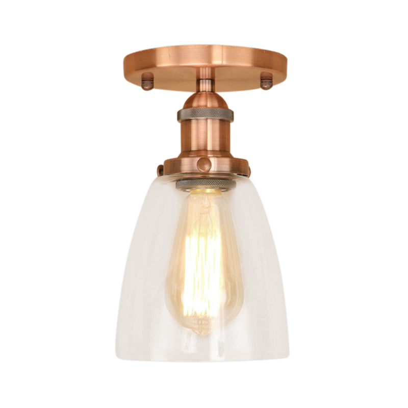 Brass/Copper/Rust One Light Ceiling Mount Industrial Clear Glass Conical Semi Flush Light for Foyer Clearhalo 'Ceiling Lights' 'Close To Ceiling Lights' 'Close to ceiling' 'Glass shade' 'Glass' 'Semi-flushmount' Lighting' 141775