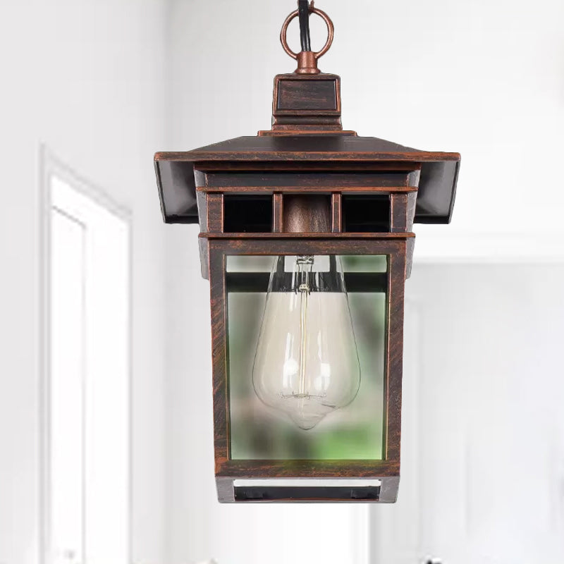 Industrial Lantern Hanging Lighting Metal and Clear Glass 1 Light Black/Bronze/Gold Outdoor Pendant Lamp for Porch Clearhalo 'Ceiling Lights' 'Chandeliers' 'Glass shade' 'Glass' 'Industrial Pendants' 'Industrial' 'Middle Century Pendants' 'Pendant Lights' 'Pendants' 'Tiffany' Lighting' 1417767