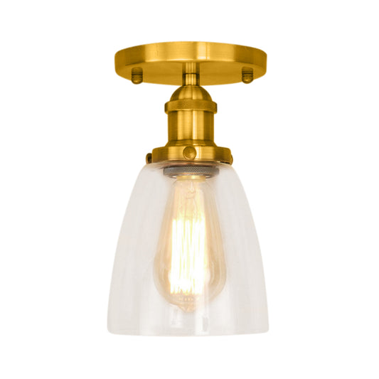Brass/Copper/Rust One Light Ceiling Mount Industrial Clear Glass Conical Semi Flush Light for Foyer Clearhalo 'Ceiling Lights' 'Close To Ceiling Lights' 'Close to ceiling' 'Glass shade' 'Glass' 'Semi-flushmount' Lighting' 141777