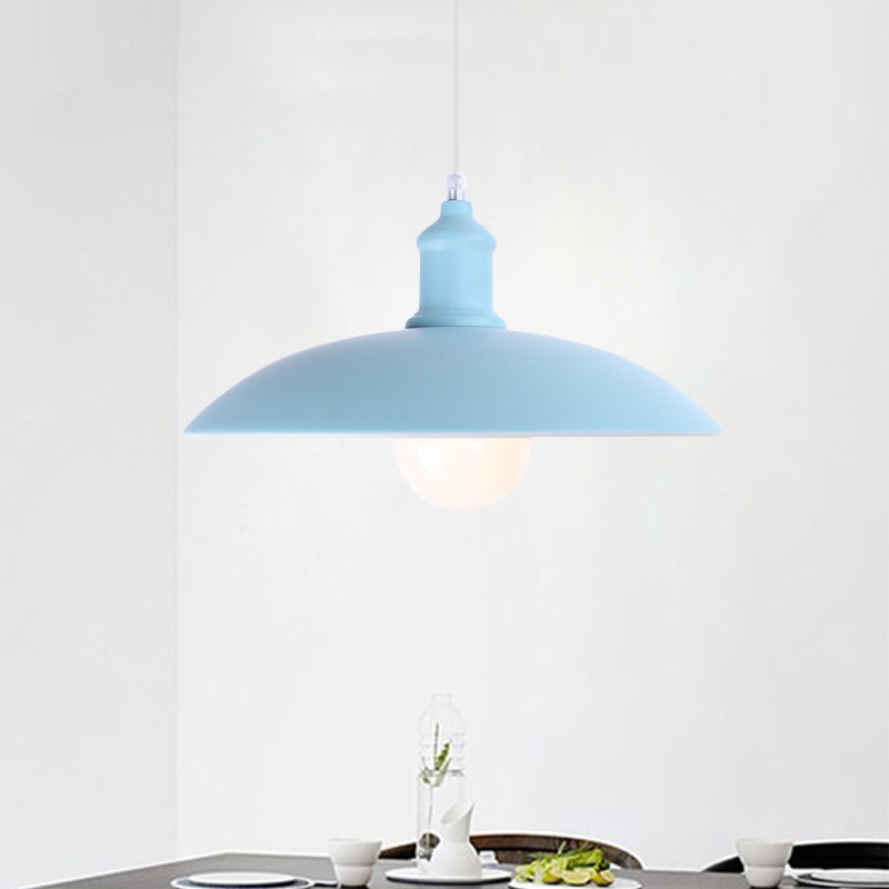 1 Light Bowl Pendant Lamp Macaron Stylish Blue/Green Metal Suspension Light for Dining Room, 12.5"/16" Dia Clearhalo 'Ceiling Lights' 'Modern Pendants' 'Modern' 'Pendant Lights' 'Pendants' Lighting' 1417786