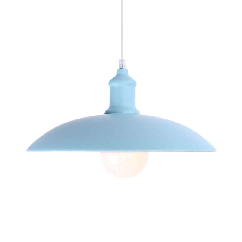 1 Light Bowl Pendant Lamp Macaron Stylish Blue/Green Metal Suspension Light for Dining Room, 12.5"/16" Dia Clearhalo 'Ceiling Lights' 'Modern Pendants' 'Modern' 'Pendant Lights' 'Pendants' Lighting' 1417788