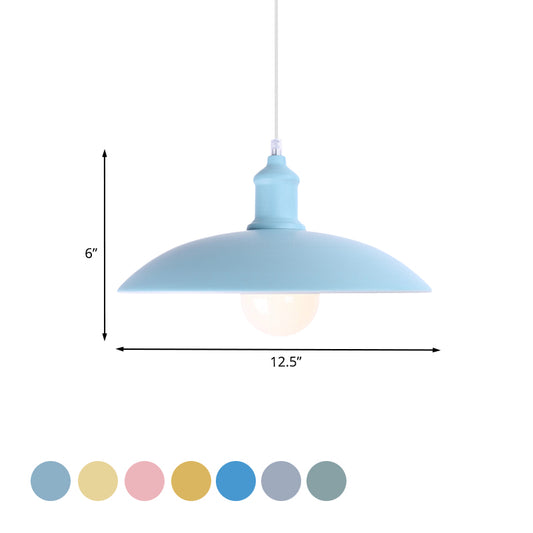 1 Light Bowl Pendant Lamp Macaron Stylish Blue/Green Metal Suspension Light for Dining Room, 12.5"/16" Dia Clearhalo 'Ceiling Lights' 'Modern Pendants' 'Modern' 'Pendant Lights' 'Pendants' Lighting' 1417789