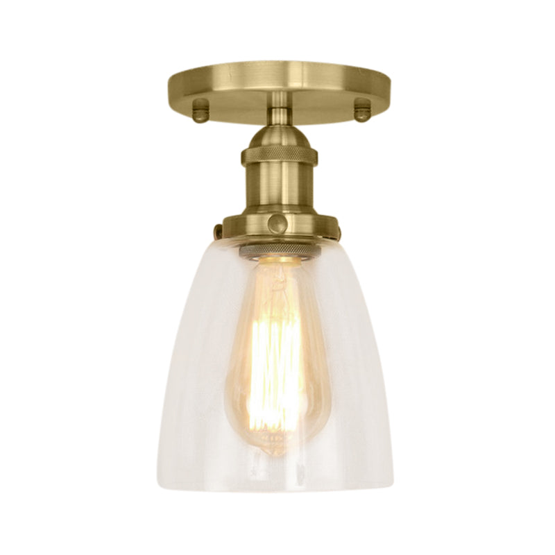 Brass/Copper/Rust One Light Ceiling Mount Industrial Clear Glass Conical Semi Flush Light for Foyer Clearhalo 'Ceiling Lights' 'Close To Ceiling Lights' 'Close to ceiling' 'Glass shade' 'Glass' 'Semi-flushmount' Lighting' 141779