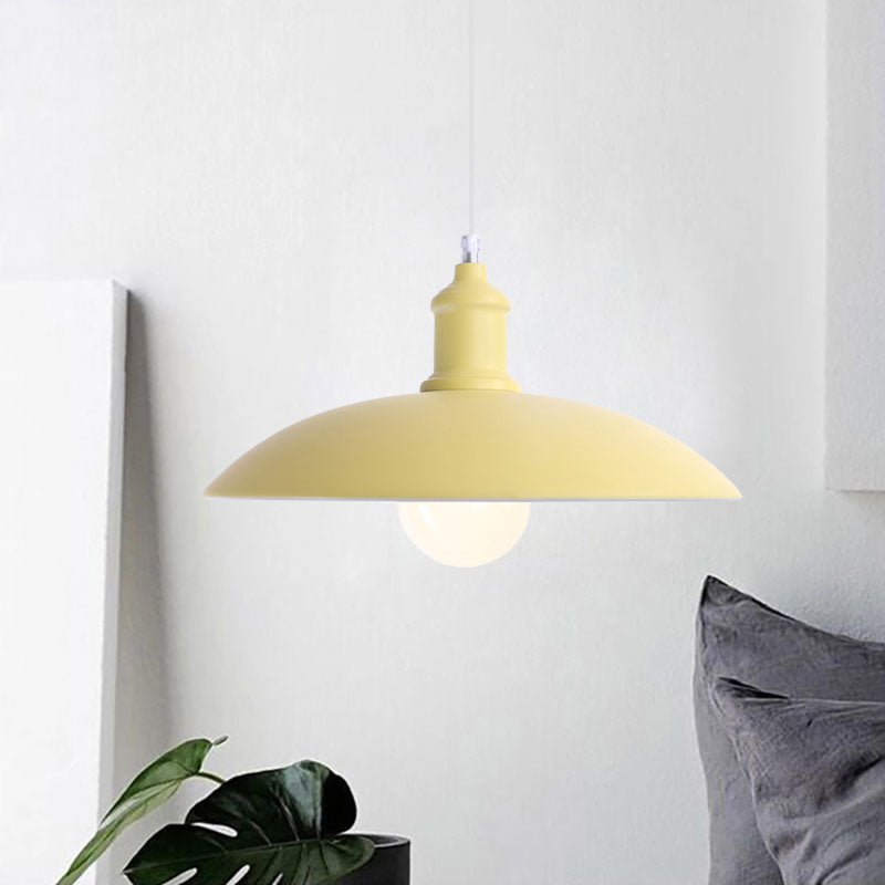 1 Light Bowl Pendant Lamp Macaron Stylish Blue/Green Metal Suspension Light for Dining Room, 12.5"/16" Dia Light Yellow Clearhalo 'Ceiling Lights' 'Modern Pendants' 'Modern' 'Pendant Lights' 'Pendants' Lighting' 1417791