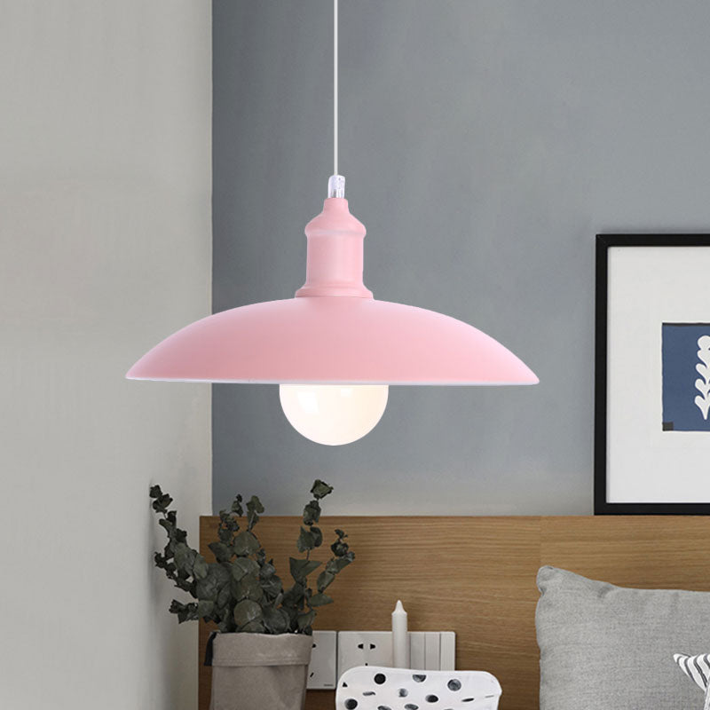 1 Light Bowl Pendant Lamp Macaron Stylish Blue/Green Metal Suspension Light for Dining Room, 12.5"/16" Dia Pink Clearhalo 'Ceiling Lights' 'Modern Pendants' 'Modern' 'Pendant Lights' 'Pendants' Lighting' 1417795