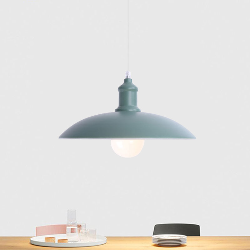1 Light Bowl Pendant Lamp Macaron Stylish Blue/Green Metal Suspension Light for Dining Room, 12.5"/16" Dia Clearhalo 'Ceiling Lights' 'Modern Pendants' 'Modern' 'Pendant Lights' 'Pendants' Lighting' 1417813