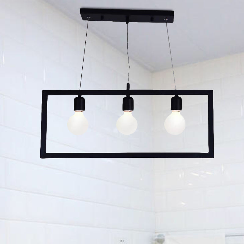 3/5 Lights Rectangular Frame Island Pendant Light Industrial Style Black Metal Ceiling Hanging Light Clearhalo 'Ceiling Lights' 'Island Lights' Lighting' 1417843