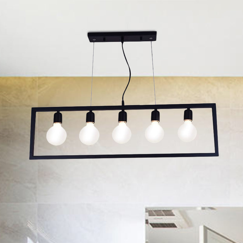 3/5 Lights Rectangular Frame Island Pendant Light Industrial Style Black Metal Ceiling Hanging Light Clearhalo 'Ceiling Lights' 'Island Lights' Lighting' 1417844