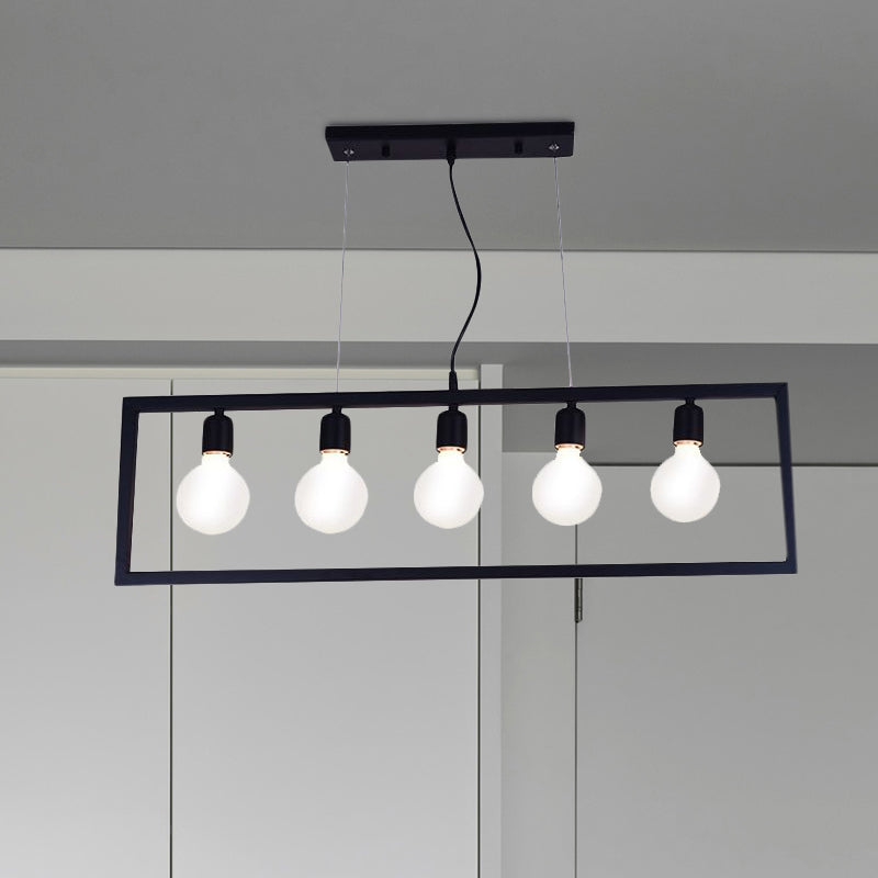 3/5 Lights Rectangular Frame Island Pendant Light Industrial Style Black Metal Ceiling Hanging Light Clearhalo 'Ceiling Lights' 'Island Lights' Lighting' 1417845