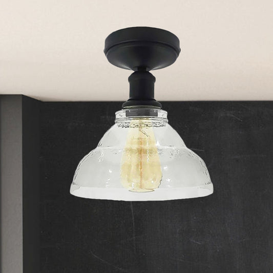 1 Light Bowl Shade Semi Flush Light Industrial Black/Chrome Clear Glass Ceiling Mount for Living Room Clearhalo 'Ceiling Lights' 'Close To Ceiling Lights' 'Close to ceiling' 'Glass shade' 'Glass' 'Semi-flushmount' Lighting' 1417870