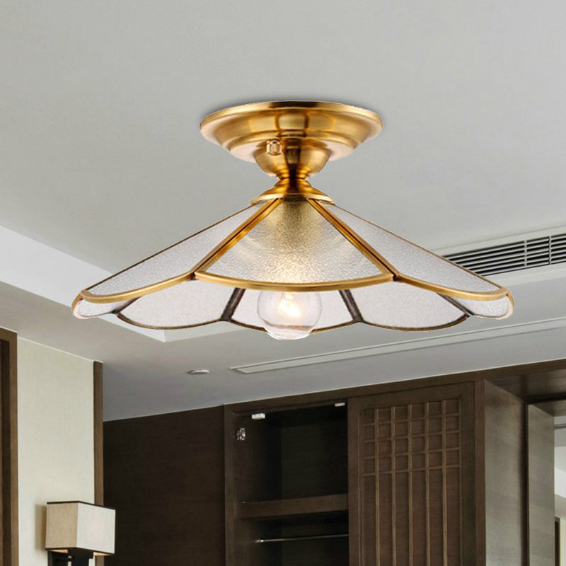 1 Light Cone/Wide Flare Shade Semi Flush Light Industrial Brass Hammered Glass Ceiling Mount Clearhalo 'Ceiling Lights' 'Close To Ceiling Lights' 'Close to ceiling' 'Glass shade' 'Glass' 'Semi-flushmount' Lighting' 1417871