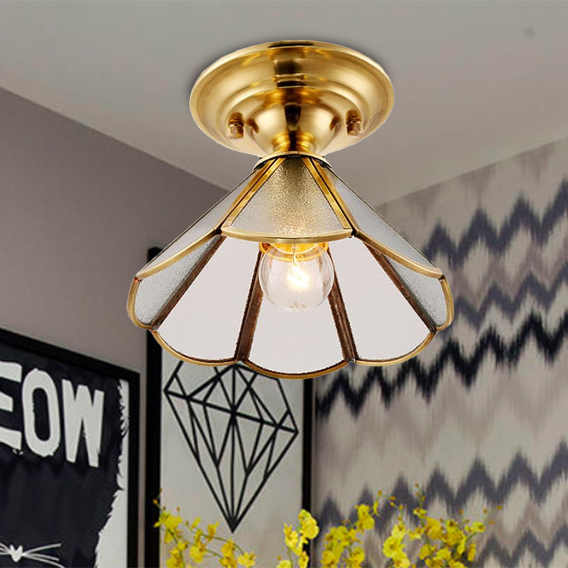 1 Light Cone/Wide Flare Shade Semi Flush Light Industrial Brass Hammered Glass Ceiling Mount Clearhalo 'Ceiling Lights' 'Close To Ceiling Lights' 'Close to ceiling' 'Glass shade' 'Glass' 'Semi-flushmount' Lighting' 1417872