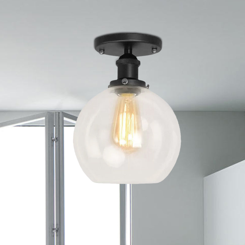 Spherical Balcony Semi Flush Industrial Clear Glass One Light Black/Brass/Copper Ceiling Light Fixture Clearhalo 'Ceiling Lights' 'Close To Ceiling Lights' 'Close to ceiling' 'Glass shade' 'Glass' 'Semi-flushmount' Lighting' 1417893