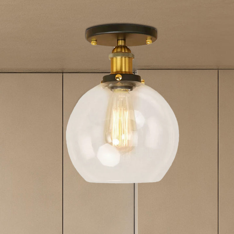 Spherical Balcony Semi Flush Industrial Clear Glass One Light Black/Brass/Copper Ceiling Light Fixture Clearhalo 'Ceiling Lights' 'Close To Ceiling Lights' 'Close to ceiling' 'Glass shade' 'Glass' 'Semi-flushmount' Lighting' 1417894