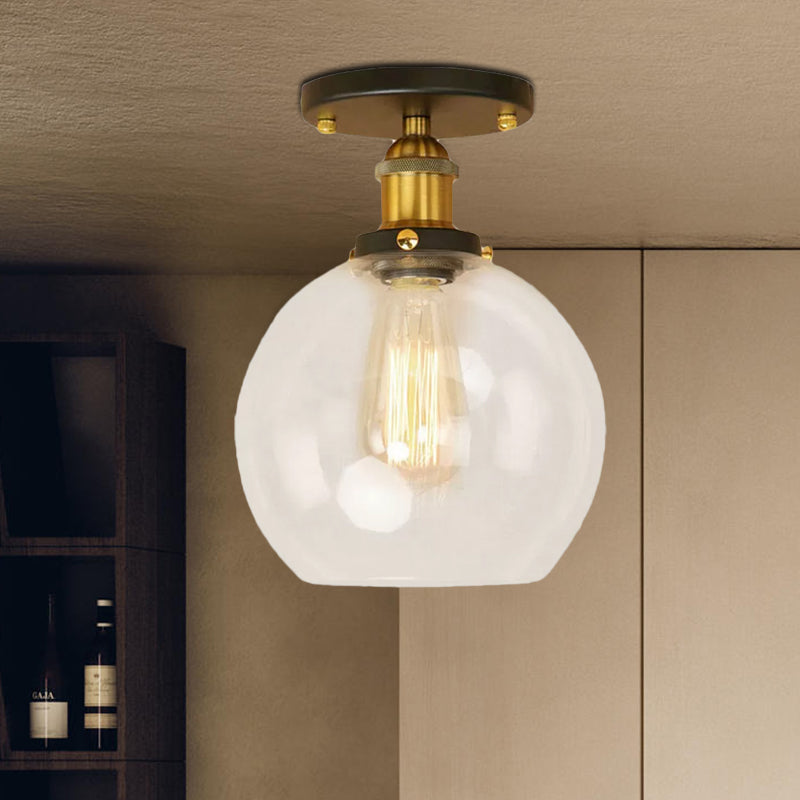 Spherical Balcony Semi Flush Industrial Clear Glass One Light Black/Brass/Copper Ceiling Light Fixture Clearhalo 'Ceiling Lights' 'Close To Ceiling Lights' 'Close to ceiling' 'Glass shade' 'Glass' 'Semi-flushmount' Lighting' 1417895