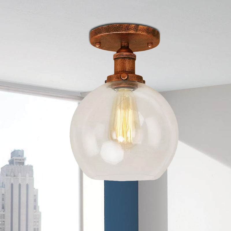 Spherical Balcony Semi Flush Industrial Clear Glass One Light Black/Brass/Copper Ceiling Light Fixture Clearhalo 'Ceiling Lights' 'Close To Ceiling Lights' 'Close to ceiling' 'Glass shade' 'Glass' 'Semi-flushmount' Lighting' 1417896