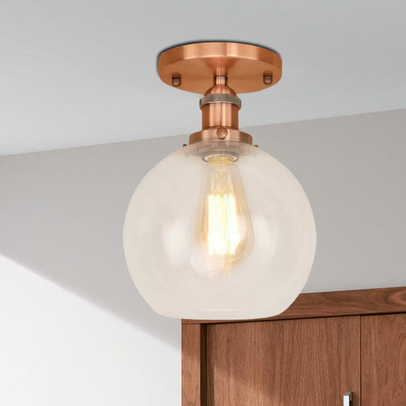 Spherical Balcony Semi Flush Industrial Clear Glass One Light Black/Brass/Copper Ceiling Light Fixture Clearhalo 'Ceiling Lights' 'Close To Ceiling Lights' 'Close to ceiling' 'Glass shade' 'Glass' 'Semi-flushmount' Lighting' 1417898